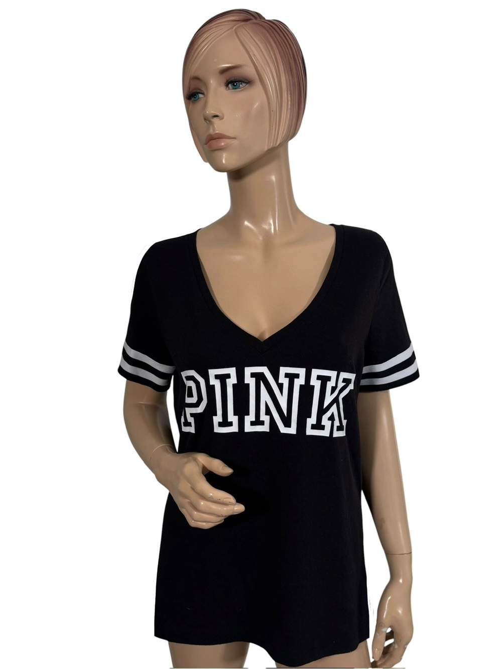 PINK Victoria’s Secret V Neck Varsity Tee Black Large
